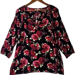 The Pioneer Woman Sz L Black Floral V-Neck BOHO Fairy Grunge Tunic Top